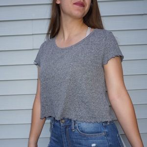 Grey short-sleeve crop top w/ lettuced edges